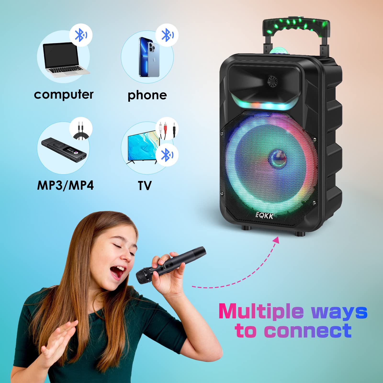 Portable Karaoke Machine for Adults and Kids with 2 Wireless Microphones New 10" Subwoofer PA Machines Bluetooth 5.0 Karaoke Speaker System with DJ Light for Outdoor Party