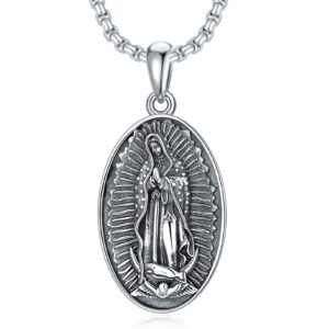 Seiyang Virgen de Guadalupe Necklace Sterling Silver Virgin Mary Pendant Miraculous Medal Pendant Religious Gift for Women Mom