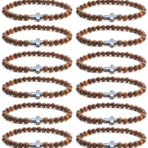 FIRAZIO 12Pcs Christian Prayer Beads Bracelet for Women Mens Wooden Beads Cross Bracelet Religious Mala Beaded Bracelets Fashion Jewelry 6mm/8mm