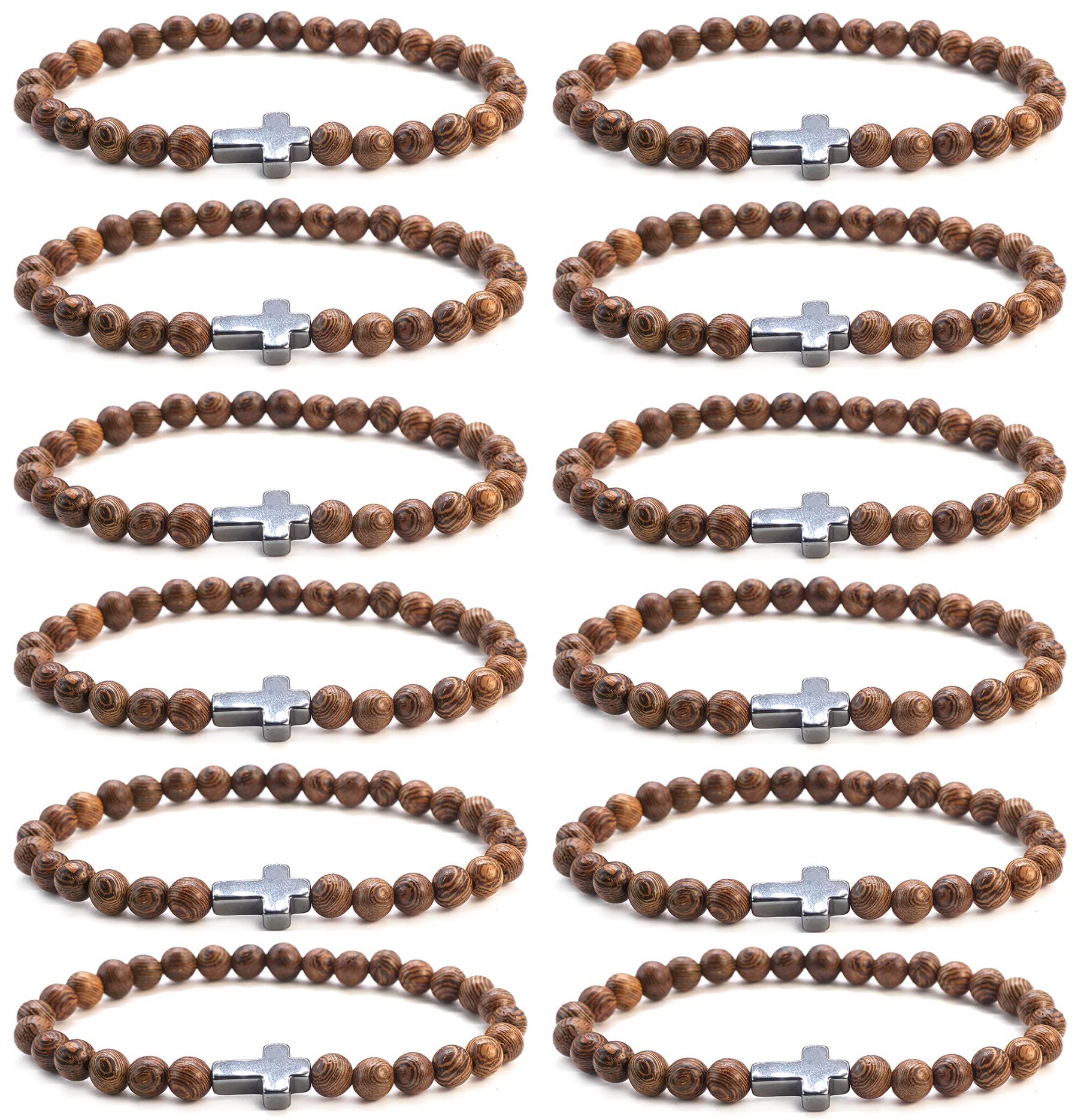 FIRAZIO 12Pcs Christian Prayer Beads Bracelet for Women Mens Wooden Beads Cross Bracelet Religious Mala Beaded Bracelets Fashion Jewelry 6mm/8mm