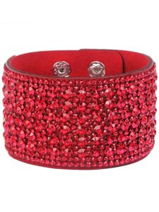 long tiantian boho bangle leather bracelet for women rhinestone bangle bracelet for women wide edge bracelet leather wrap cuff bracelet(red)