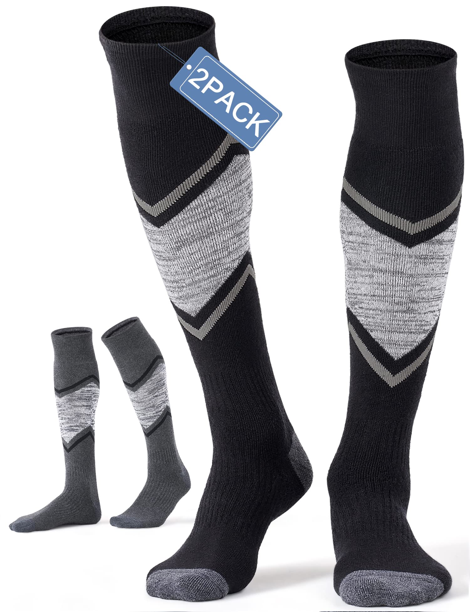 FITRELL 2 Pack Men's and Women's Ski Socks Full Cushioned Winter Merino Wool Thermal Knee High Warm Boot Socks for Skiing Snowboarding, Black+Grey, X-Large