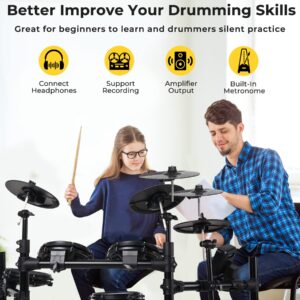 Vangoa Electric Drum Set 8-Pieces with Quiet Mesh Drumheads, Cymbals, Heavy Duty Pedals, 480 Sounds, USB MIDI, Throne, Headphone, Complete Electronic Drum Set for Beginners Adults, Black