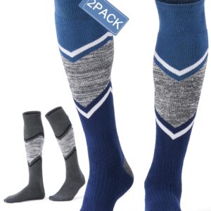 FITRELL 2 Pack Men's and Women's Ski Socks Full Cushioned Winter Merino Wool Thermal Knee High Warm Boot Socks for Skiing Snowboarding, Grey+Blue, X-Large