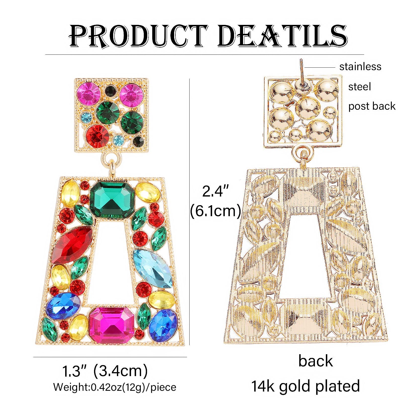 Canboer Colorful Rhinestone Rectangle Dangle Earrings Sparkly Geometric Drop Statement Earrings Hypoallergenic for Women Party Prom