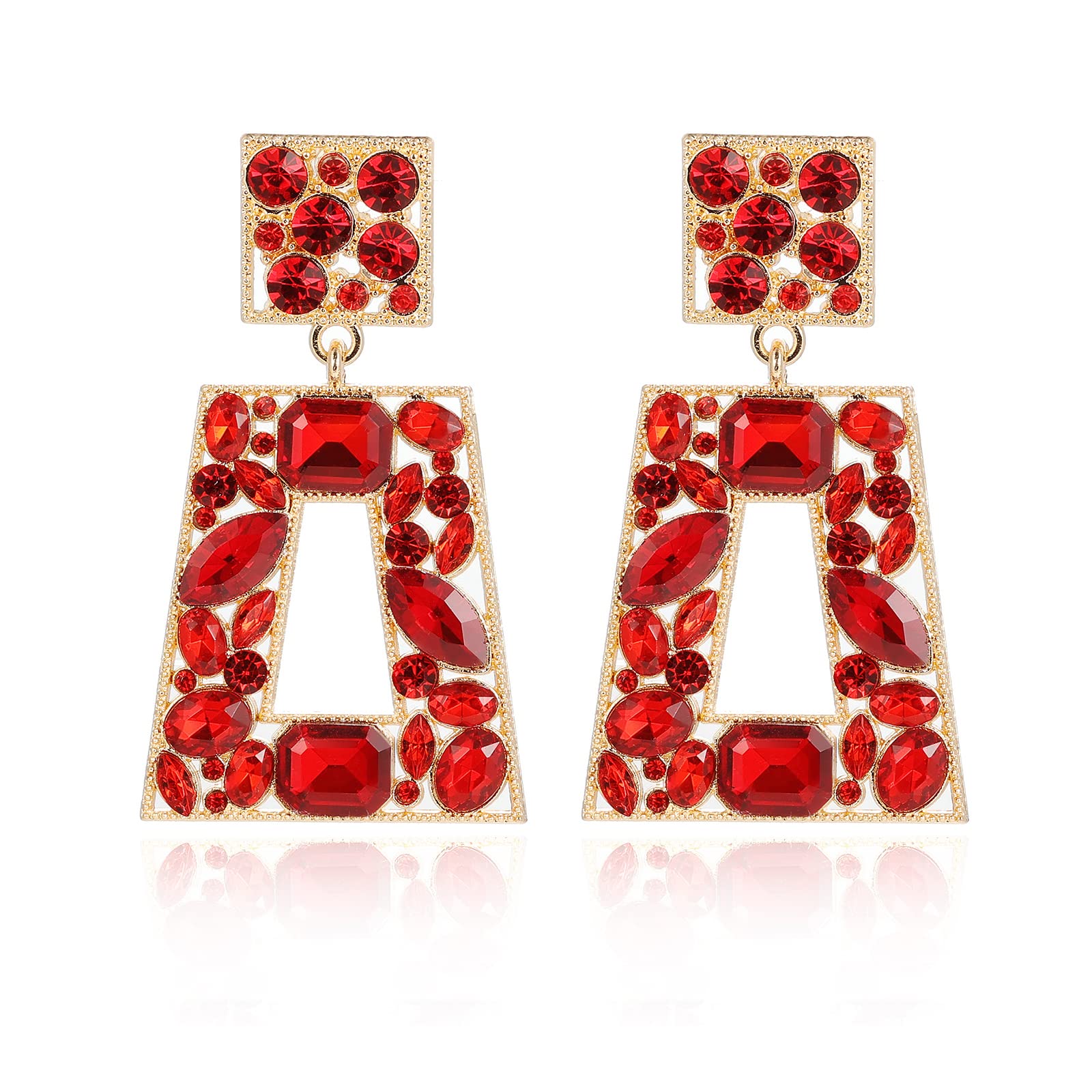 VANGETIMI Red Rhinestone Rectangle Dangle Earrings Colorful Crystal Geometric Drop Statement Earrings for Women