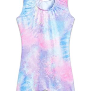 Gymnastics Leotards for Girls 7-8 Years Sparkly Purple Tie Dye Sleeveless Biketards Stretchy Tumbling Practicing Unitard