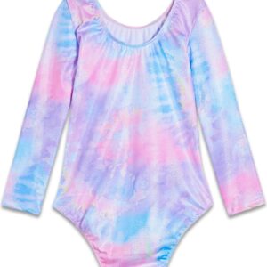 TENVDA Girls Gymnastics Leotards Toddler Kids Tumbling Outfit Size 2t 3t Sparkle Purple Tie Dye Long Sleeve Bodysuits