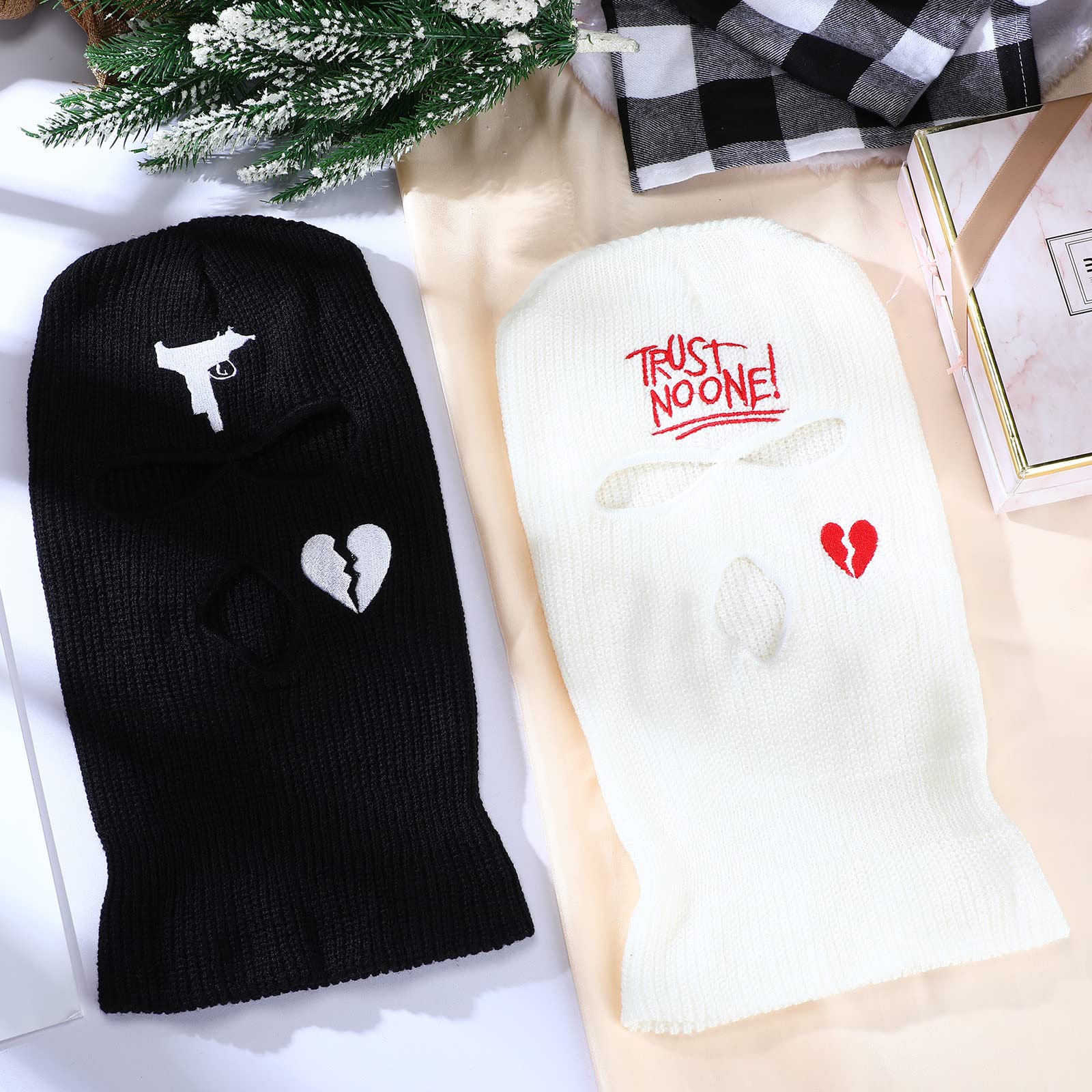 Handepo 2 Pcs 3 Hole Ski Mask Winter Warm Balaclava Full Face Knit Mask Ski Hat Mask Knitted Full Face Cover for Men Women(White, Black, Heart Style)