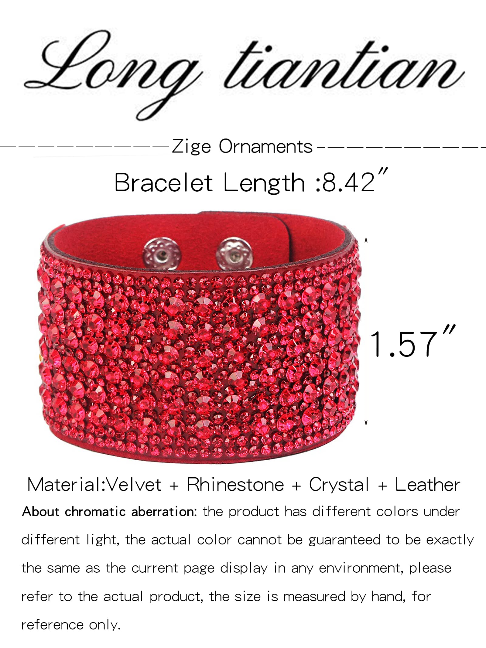 Long tiantian Boho Bangle Leather Bracelet for Women Rhinestone Bangle Bracelet for Women Wide Edge Bracelet Leather Wrap Cuff Bracelet(red)