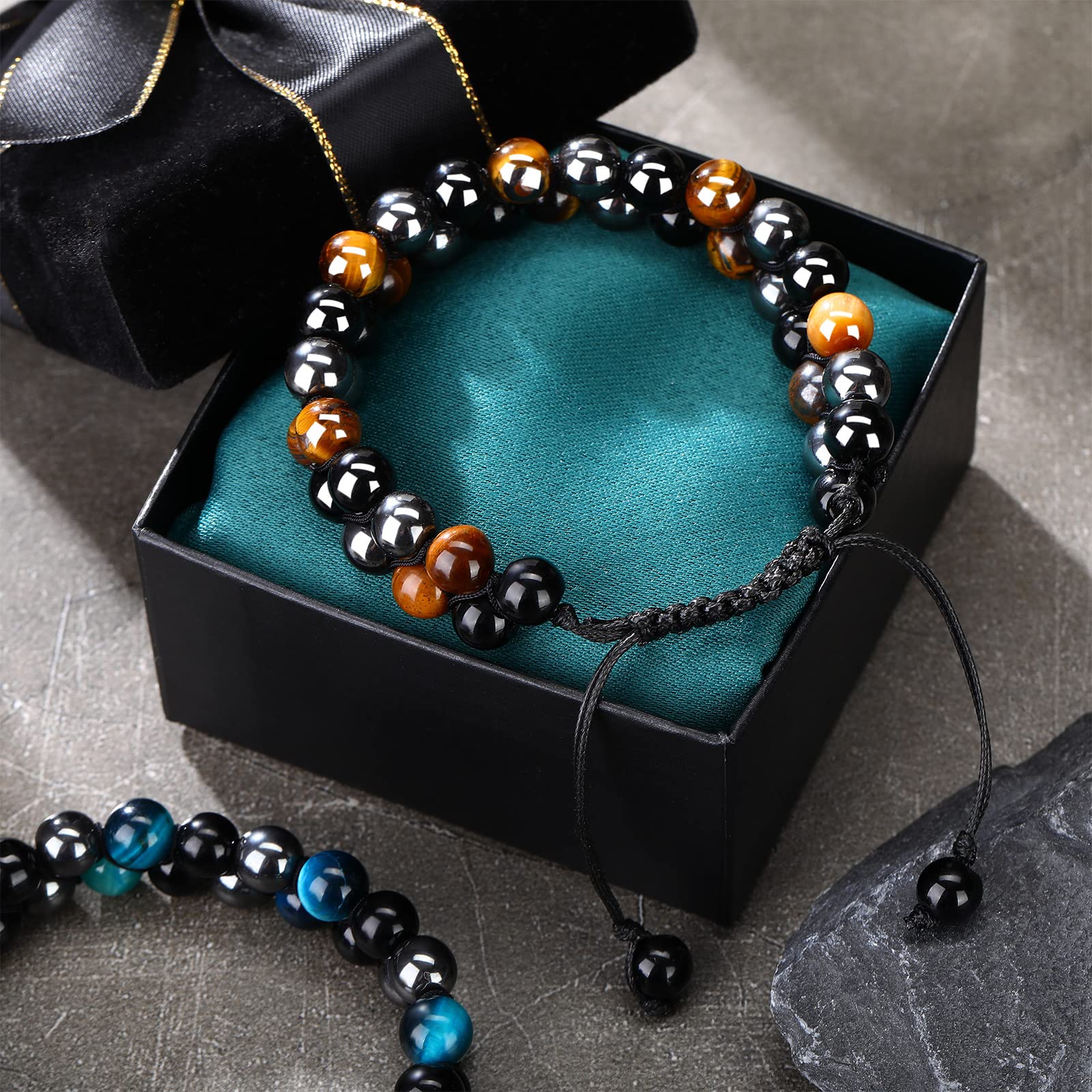 Nosiny 3 Pcs Bracelet Lava Rock Bead Bracelets 8 mm Tiger Eye Bracelet Men Hematite Obsidian Bracelet Adjustable Bracelet Gift for Men Women