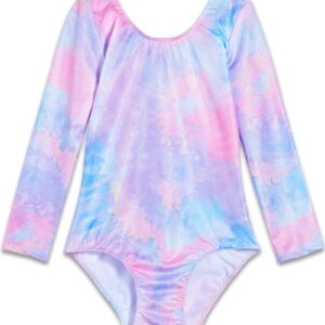 TENVDA Girls Gymnastics Leotards Toddler Kids Tumbling Outfit Size 2t 3t Sparkle Purple Tie Dye Long Sleeve Bodysuits