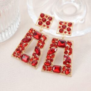 VANGETIMI Red Rhinestone Rectangle Dangle Earrings Colorful Crystal Geometric Drop Statement Earrings for Women