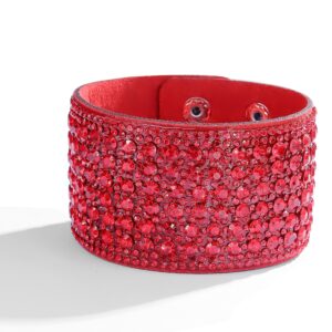 Long tiantian Boho Bangle Leather Bracelet for Women Rhinestone Bangle Bracelet for Women Wide Edge Bracelet Leather Wrap Cuff Bracelet(red)