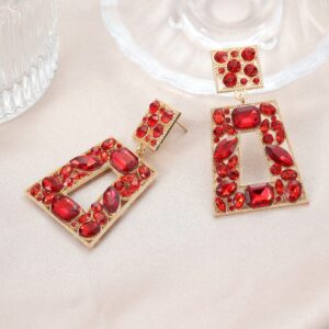 VANGETIMI Red Rhinestone Rectangle Dangle Earrings Colorful Crystal Geometric Drop Statement Earrings for Women