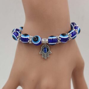 Evil Eye Hamsa Blue Beaded Charm Stretch Bracelet Hand of Fatima Turkish Lucky Evil Eye Bracelet for Protection and Blessing(10 mm-Plastic) (AMX2V09QTSUS)