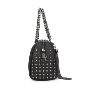 Chikencall Women Black Rivet Handbag and Purse PU Leather Shoulder Bag Satchel with Chain Strap and Metal Tassel Pendant