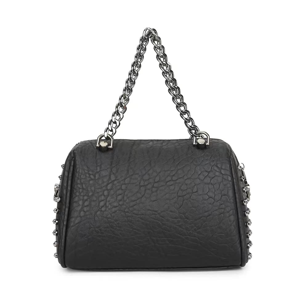 Chikencall Women Black Rivet Handbag and Purse PU Leather Shoulder Bag Satchel with Chain Strap and Metal Tassel Pendant