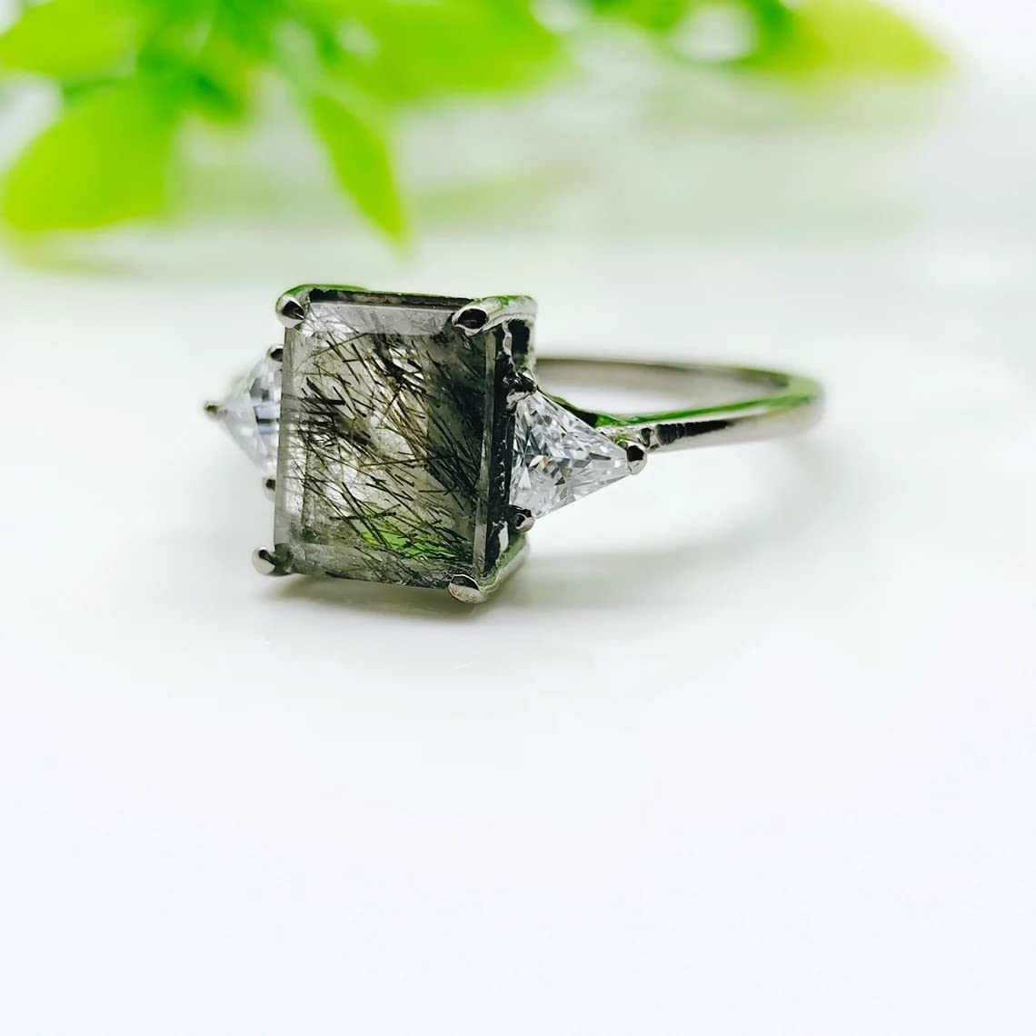 Rings For Women Natural Black Rutilated Quartz Ring, Salt And Pepper Diamond Emerald Cut Promise Ring Beautiful Gift Wedding BY FOREVER GEMS & JEWELS, Rose Gold,White,Emerald,Silver