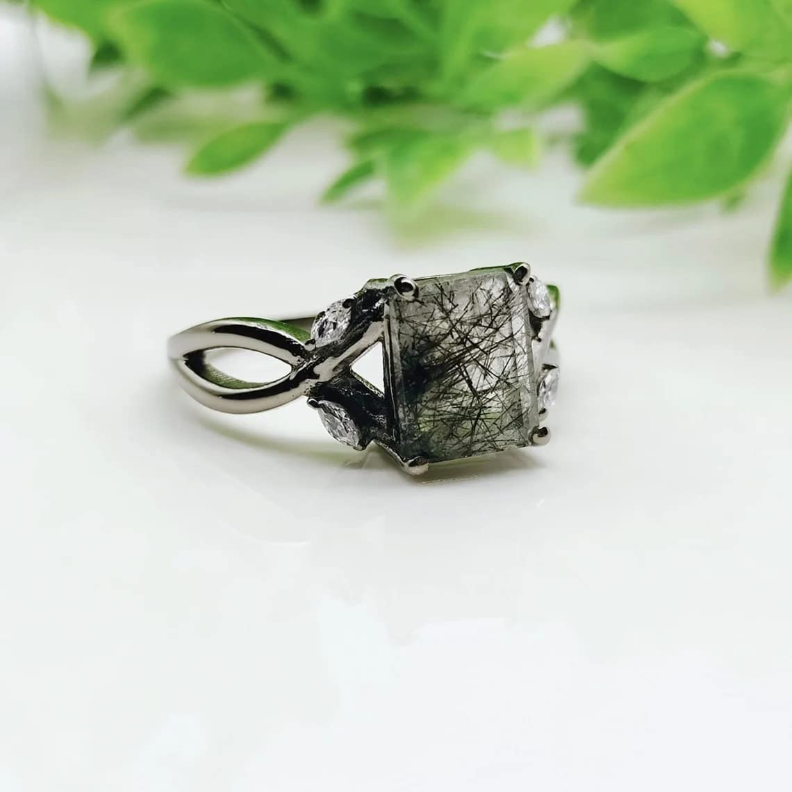 Rings For Women Natural Black Rutilated Quartz Ring-Salt And Pepper Diamond Ring-Emerald Cut Black Quartz Ring, Gift Beautiful Wedding Ring BY FOREVER GEMS & JEWELS