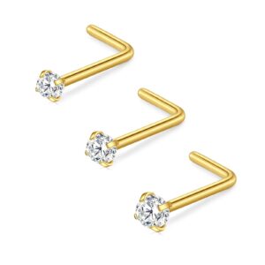 D.Bella 18G L Shaped Nose Studs Surgical Stainless Steel 1.5mm 2mm 2.5mm CZ Nose Rings Studs Gold Nose Rings for Women Nose Nostril Piercing Jewerly