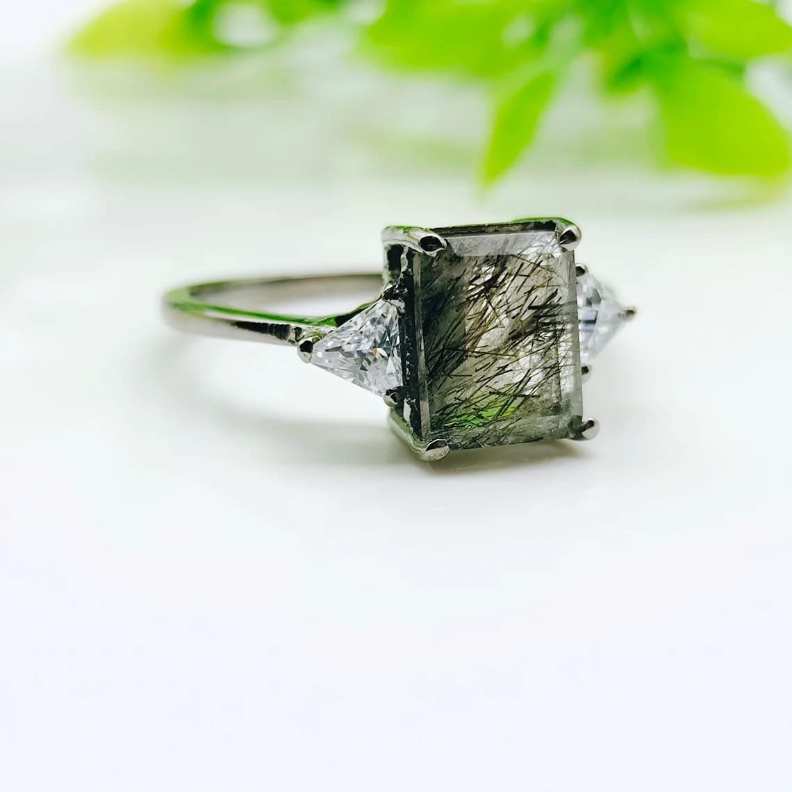 Rings For Women Natural Black Rutilated Quartz Ring, Salt And Pepper Diamond Emerald Cut Promise Ring Beautiful Gift Wedding BY FOREVER GEMS & JEWELS, Rose Gold,White,Emerald,Silver