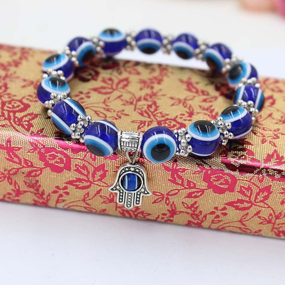 Evil Eye Hamsa Blue Beaded Charm Stretch Bracelet Hand of Fatima Turkish Lucky Evil Eye Bracelet for Protection and Blessing(10 mm-Plastic) (AMX2V09QTSUS)