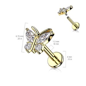 Amelia Fashion 16GA CZ Butterfly Top on Internally Threaded 316L Surgical Steel Flat Back Stud for Labret, Monroe, Cartilage and More (Choose Color) (6mm - Clear)