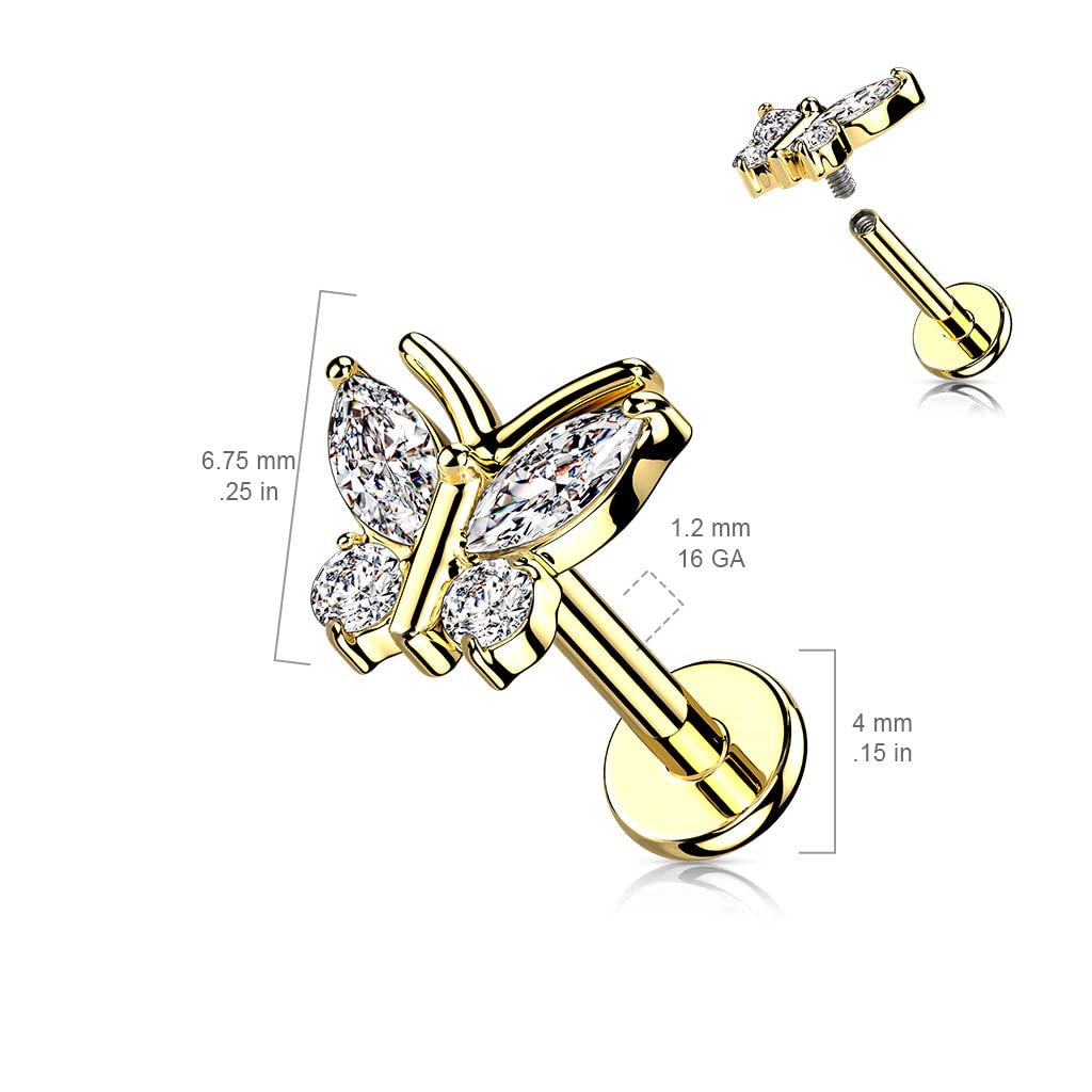 Amelia Fashion 16GA CZ Butterfly Top on Internally Threaded 316L Surgical Steel Flat Back Stud for Labret, Monroe, Cartilage and More (Choose Color) (6mm - Clear)