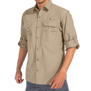 linlon Mens Safari Shirts Long Sleeve UV Protection Hiking Fishing UPF 50+ Quick Dry Cooling Camping Travel Shirts#5066-Khaki-2XL