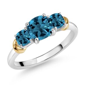 Gem Stone King 925 Sterling Silver and 10K Yellow Gold London Blue Topaz 3 Stone Engagement Ring For Women (1.88 Cttw, Cushion Cut 6MM and 4MM, Available In Size 5, 6, 7, 8, 9)