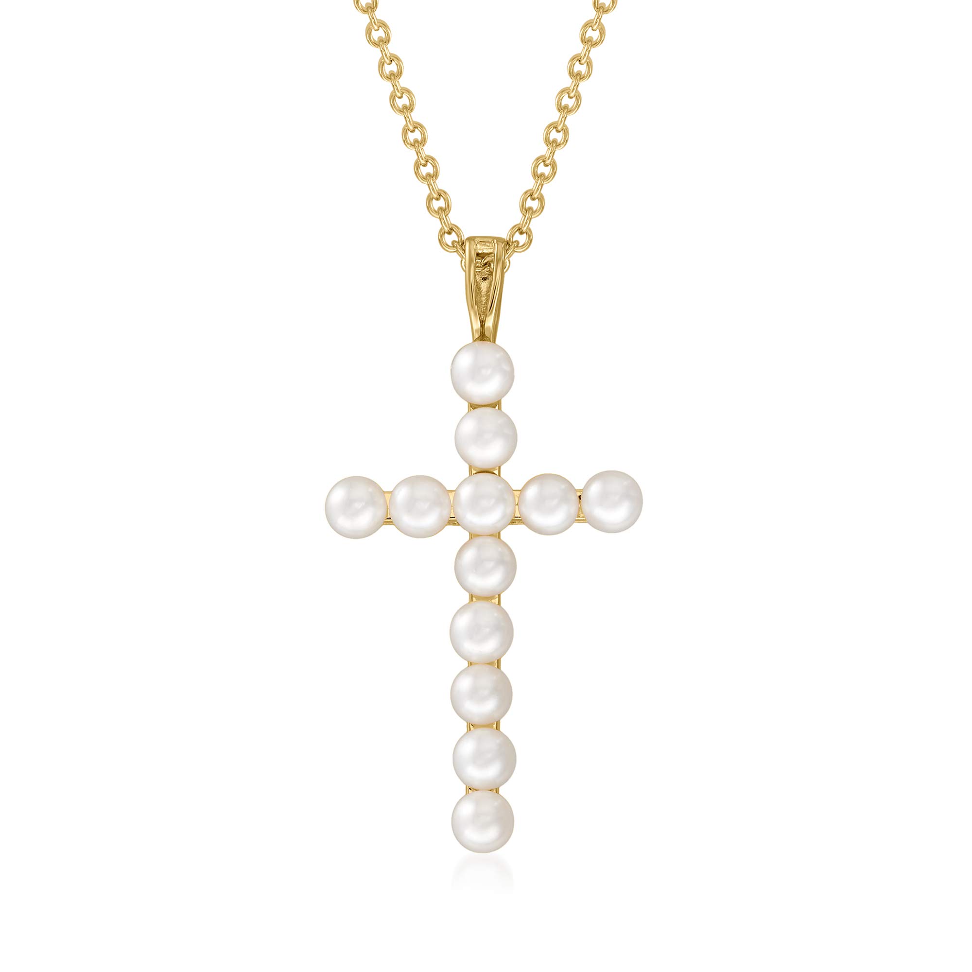 Ross-Simons 3.5-4mm Cultured Pearl Cross Pendant Necklace in 18kt Gold Over Sterling. 18 inches