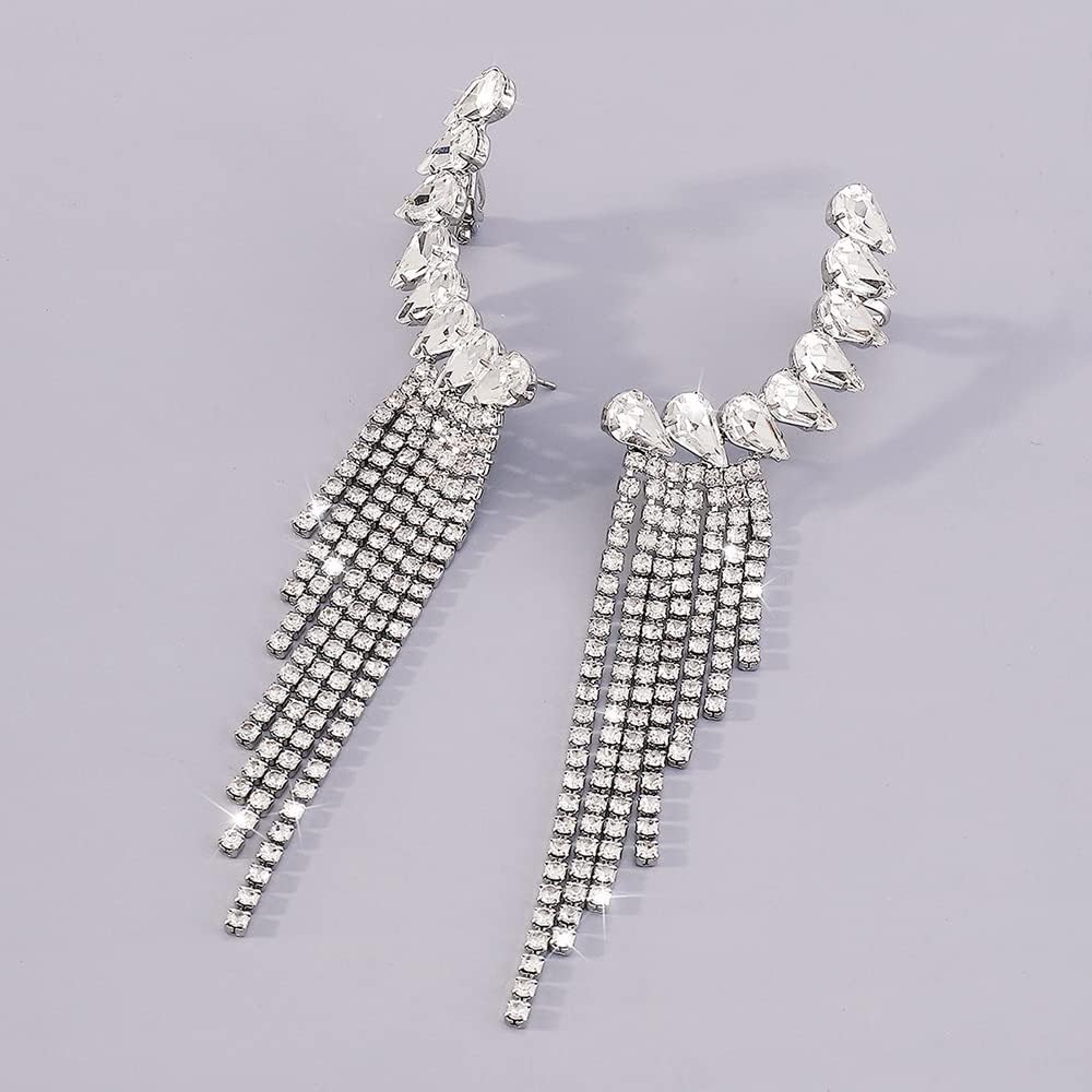 Denifery Long Tassel Dangle Earring Geometry Rhinestone Earrings Sparkling Crystal Drop Earrings for Women Girls (Silver)