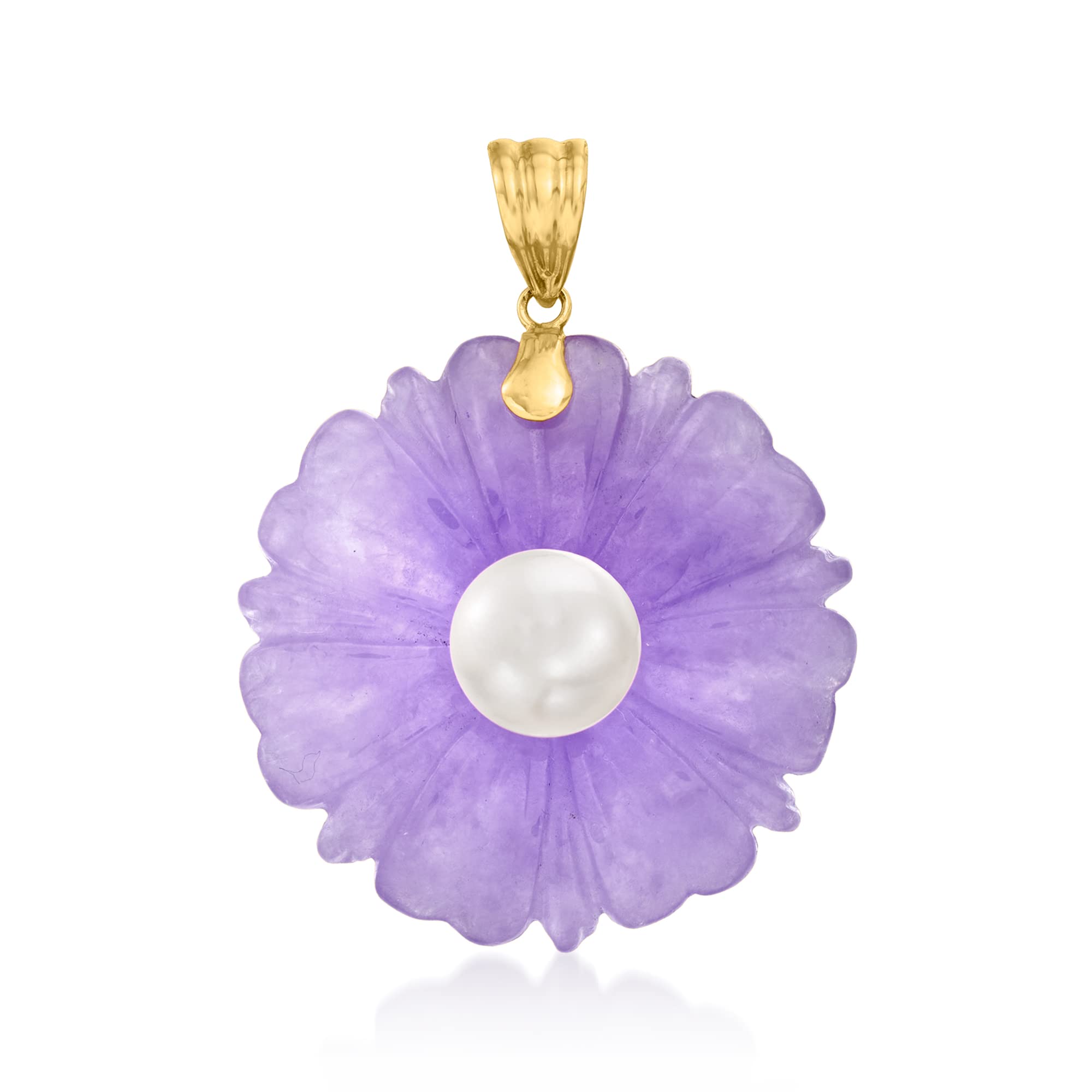 Ross-Simons 9mm Cultured Pearl and Lavender Jade Flower Pendant in 14kt Yellow Gold