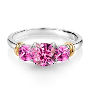 Gem Stone King 925 Sterling Silver and 10K Yellow Gold Pink Moissanite and Pink Created Sapphire 3 Stone Engagement Ring For Women (1.69 Cttw, Cushion Cut 6MM and 4MM, Available In Size 5, 6, 7, 8, 9)