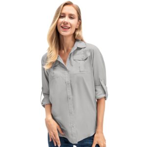 Women's Quick Dry Sun UV Protection Convertible Long Sleeve Safari Shirts for Hiking Camping Fishing Sailing#5070 Light grey,XL