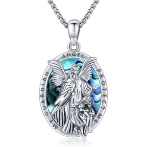 Brisskaari Blue Opal/Abalone Shell Guardian Angel Necklace 925 Sterling Silver Oval Guardian Angel Medal Pendant Religious Angel Medallion Catholic Jewelry Gift for Men Women (Green)