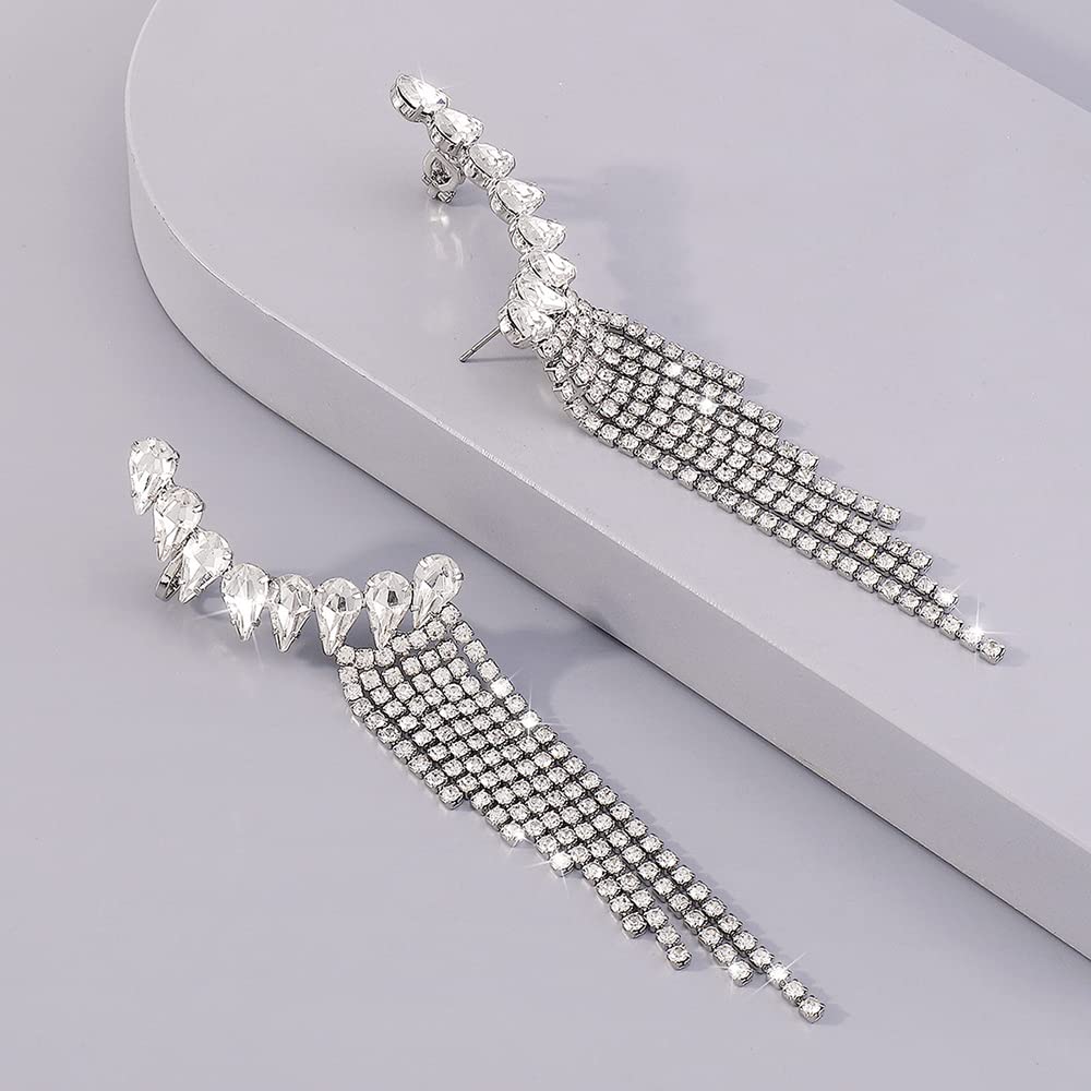 Denifery Long Tassel Dangle Earring Geometry Rhinestone Earrings Sparkling Crystal Drop Earrings for Women Girls (Silver)