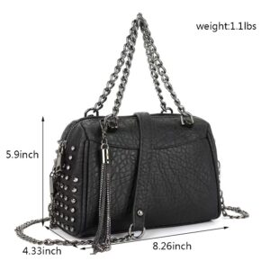 Chikencall Women Black Rivet Handbag and Purse PU Leather Shoulder Bag Satchel with Chain Strap and Metal Tassel Pendant