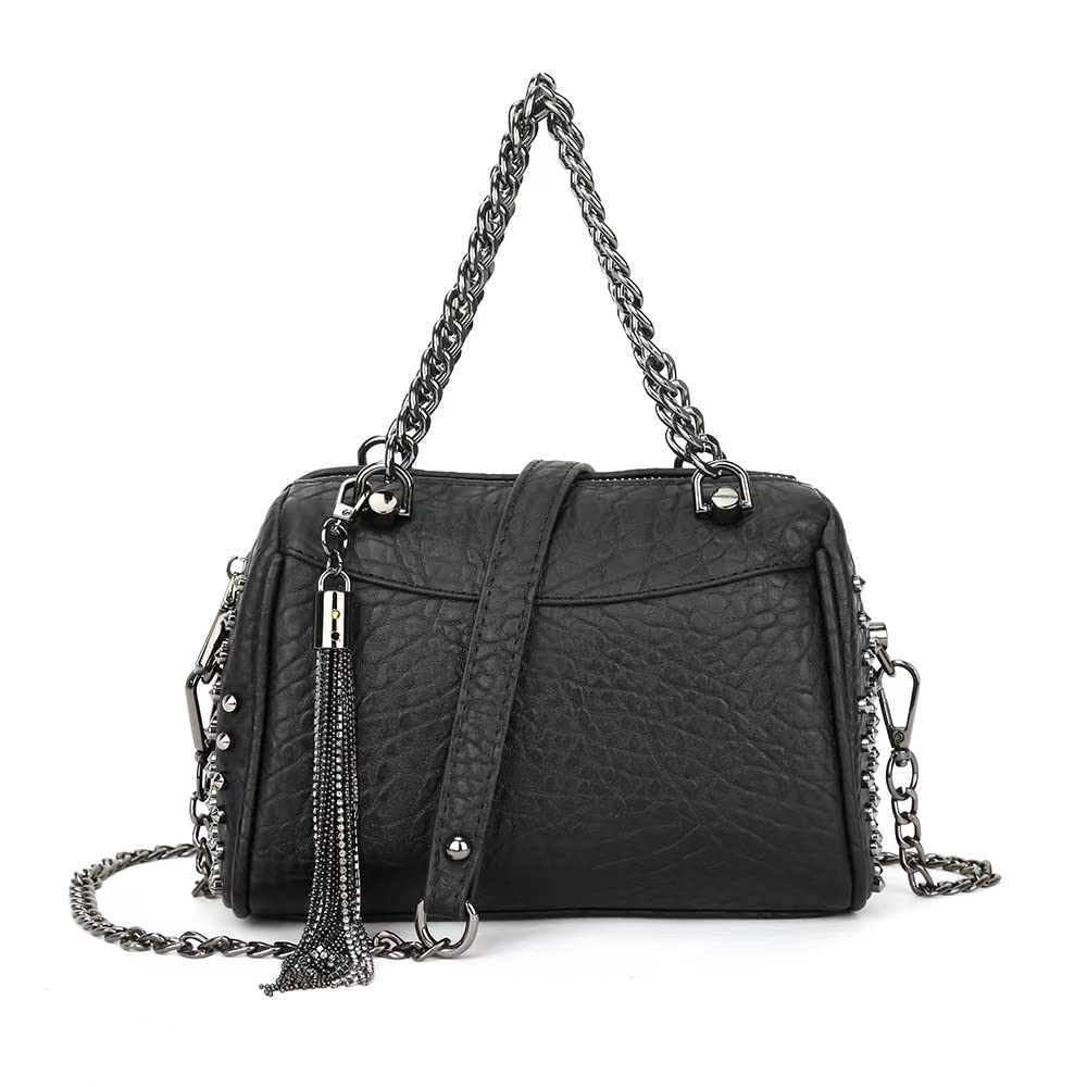 Chikencall Women Black Rivet Handbag and Purse PU Leather Shoulder Bag Satchel with Chain Strap and Metal Tassel Pendant