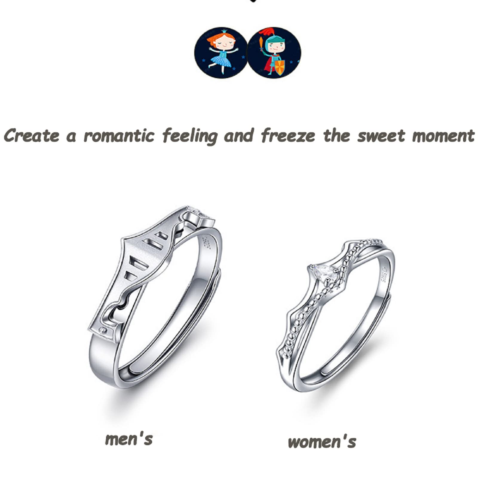 JASXEYO wedding ring sets for him and her，promise rings for couples，promise rings for her，matching rings for couples，dainty rings，Adjustable Princess and Knight Rings Set His and Hers (women's)