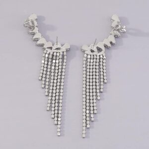 Denifery Long Tassel Dangle Earring Geometry Rhinestone Earrings Sparkling Crystal Drop Earrings for Women Girls (Silver)