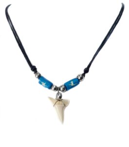 swimmi genuine mako shark tooth necklace for men women boy girl with seed beads and adjustable waxed cord handmade jewelry ca268, blue