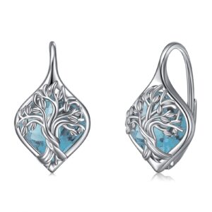 WINNICACA Tree of Life Birthstone Leverback Earrings Sterling Silver March Birthstone Jewelry for Women Teens Tree of Life Blue Topaz Crystal Birthstone Jewelry Gifts for Birthday