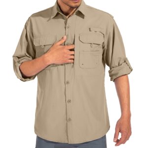 linlon Mens Safari Shirts Long Sleeve UV Protection Hiking Fishing UPF 50+ Quick Dry Cooling Camping Travel Shirts#5066-Khaki-2XL