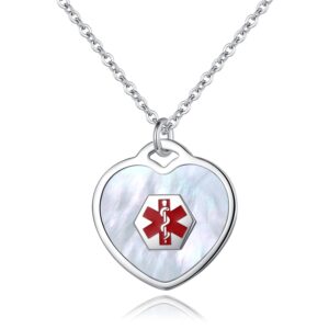 linnalove pearl/shell stainless steel heart medical alert necklace for women free engraving-24 in chain