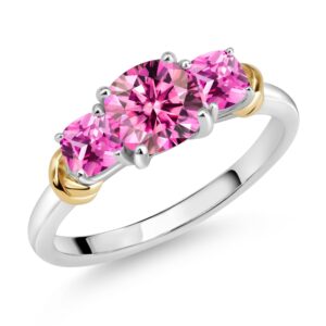 gem stone king 925 sterling silver and 10k yellow gold pink moissanite and pink created sapphire 3 stone engagement ring for women (1.69 cttw, cushion cut 6mm and 4mm, available in size 5, 6, 7, 8, 9)