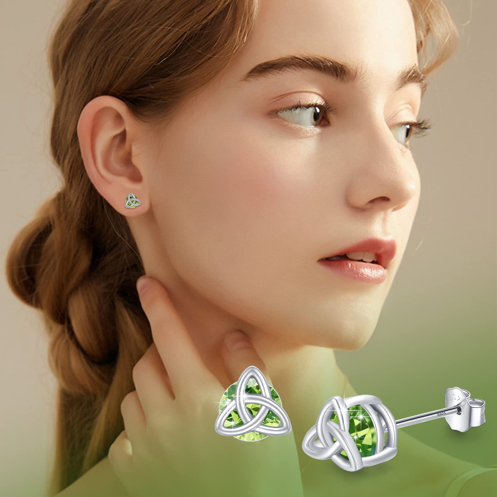 Celtic Peridot Green Earrings Sterling Silver Augest Birthstone Studs Earrings Celtic Jewelry Gifts Celtic Knot Earrings for Women Wife Birthday