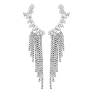 Denifery Long Tassel Dangle Earring Geometry Rhinestone Earrings Sparkling Crystal Drop Earrings for Women Girls (Silver)