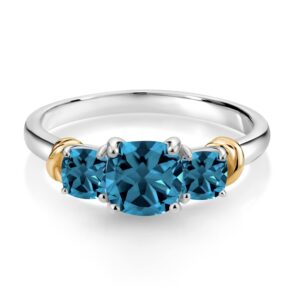 Gem Stone King 925 Sterling Silver and 10K Yellow Gold London Blue Topaz 3 Stone Engagement Ring For Women (1.88 Cttw, Cushion Cut 6MM and 4MM, Available In Size 5, 6, 7, 8, 9)